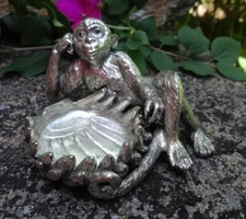 Heavy, Silverplated Reclining Monkey Open Salt Dip, Cellar, Dish!