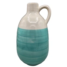 Modern Water Jug With Handle 8.5" x 4.5" Teal Blue White Beachy Decor Vase