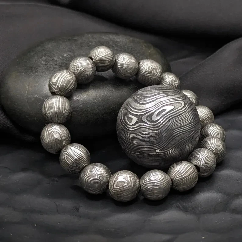 Nuevo Brazalete Damasco Acero Cuentas 10mm - Esferas Completas de Metal de 10mm Foto 3 de 4