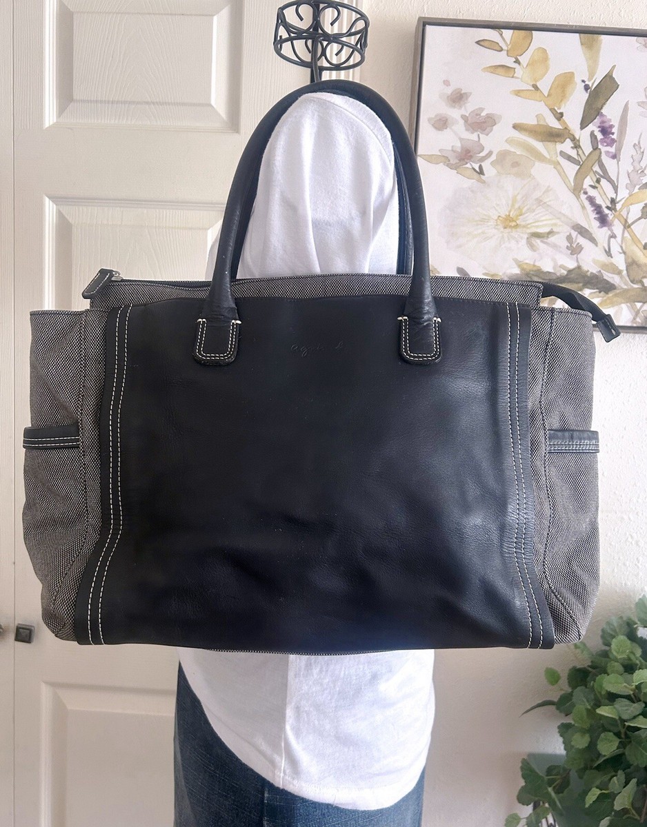 Agnes b Voyage Black Leather W/ Tweed Canvas Large Tote Travel Bag