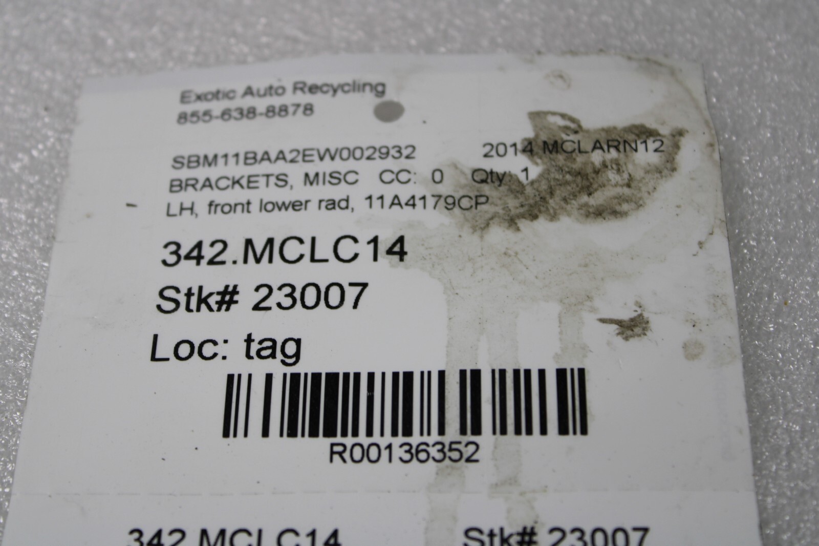 McLaren MP4-12C, LH, Left, Front Lower Radiator Bracket, Used, P/N 11A4179CP