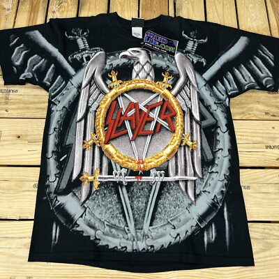 Vtg Y2K New Old Stock Slayer Eagle Liquid Blue AOP Black Graphic TShirt Mens L