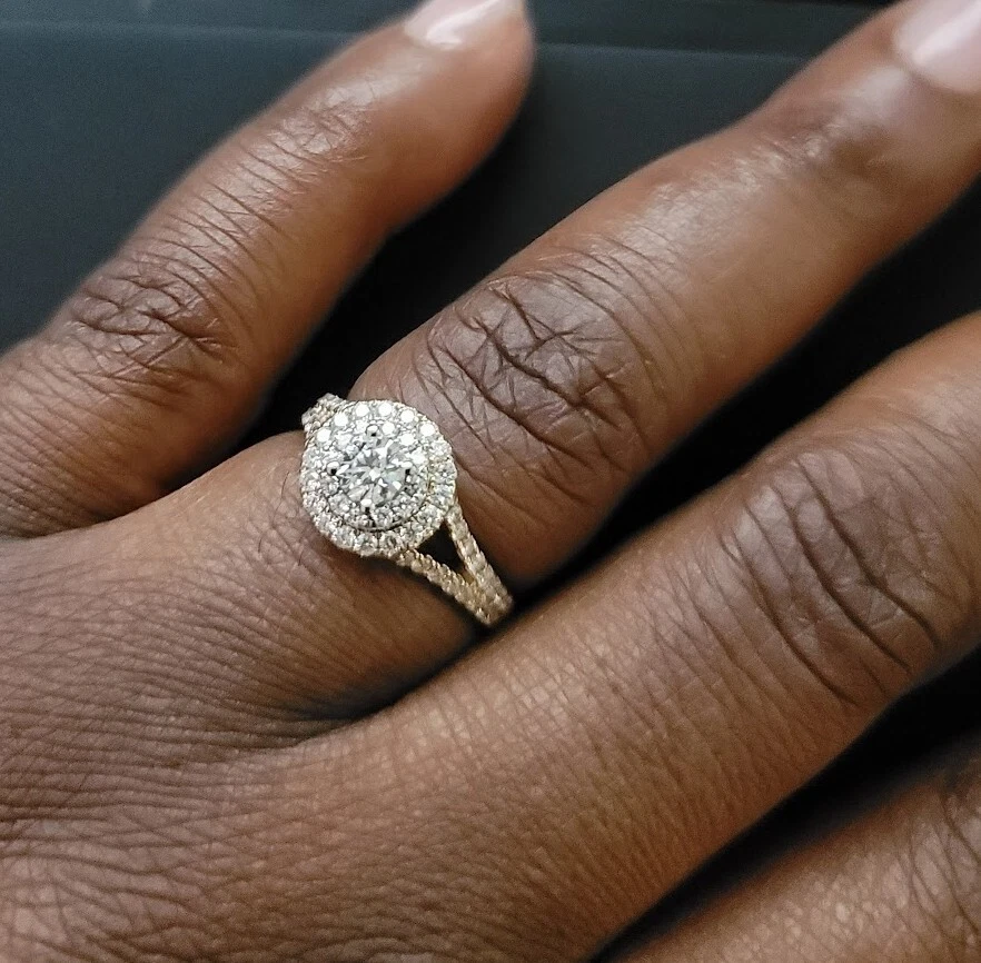 Anillo de compromiso Tolkowsky 1 ct corte redondo doble halo vástago dividido 14 k dos tonos Foto 4 de 4