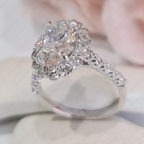 2.85Ctw Oval Cut Moissanite Halo Wedding Engagement Ring 14K White Gold Plated - Picture 2 of 10