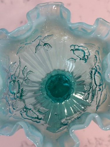 Fenton Teal Turquesa Opalescente Prensado Col Rosa Cuenco Colección - De Colección - Imagen 9 de 16