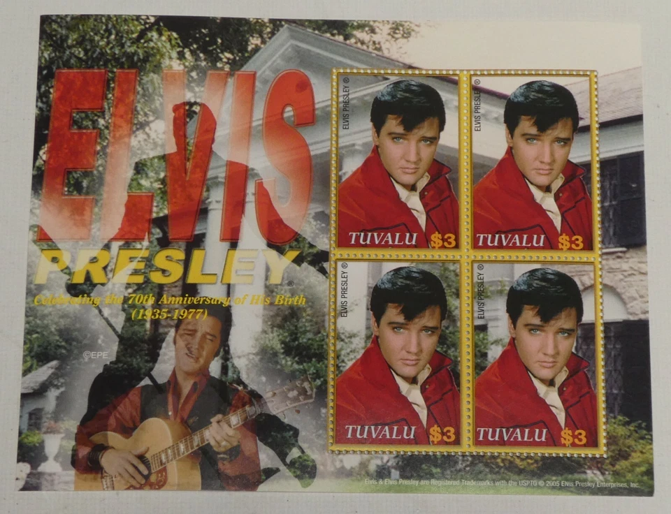 Hoja de recuerdo de estampillas de Tuvalu de $3 de Elvis Presley 4 estampillas 2005 70 aniversario 2006 Foto 2 de 4