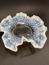 Vintage Fenton Hobnail White Opalescent Ruffled Edge Glass Candy Dish Bowl