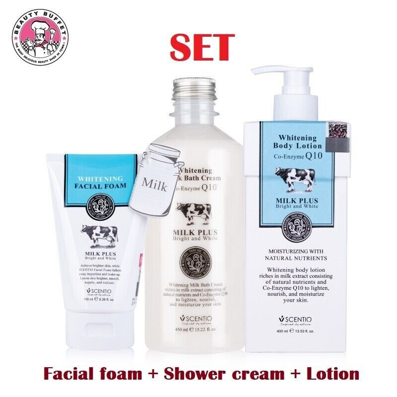 SCENTIO MILK PLUS WHITENING Q10 BODY LOTION +SHOWER CREAM +FACIAL