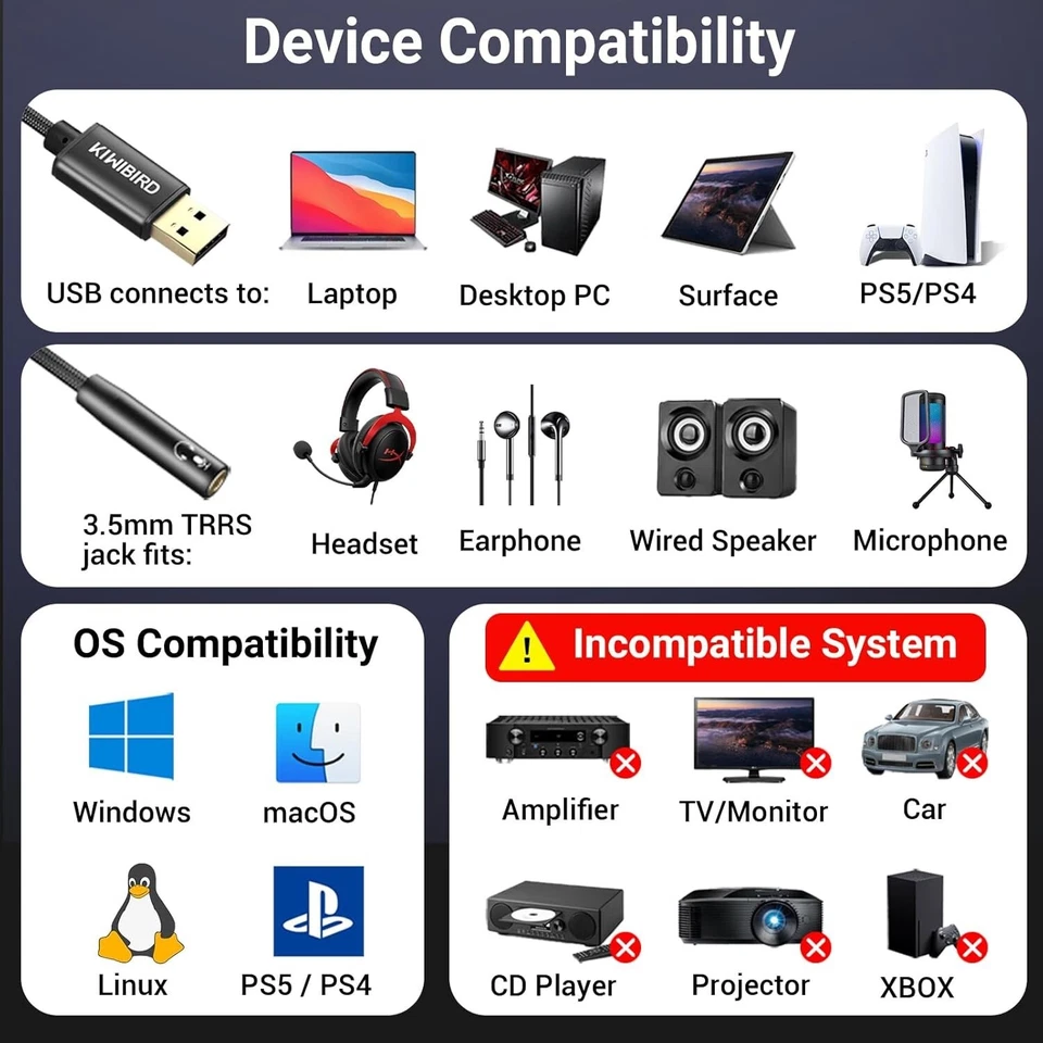 USB auf 3,5mm Klinke Audio Adapter, Kopfhörer und Mikrofon Adapter, Headset Aux - Bild 2 von 4