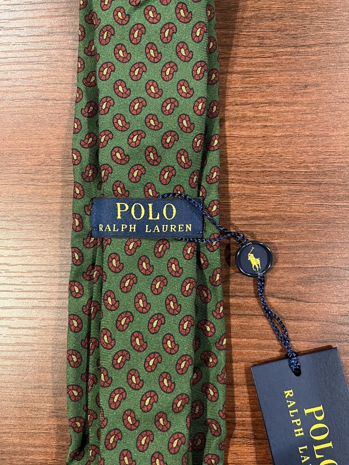 NWT POLO Ralph Lauren Green & Red Paisley Mens Hand Made Tie 100 Silk