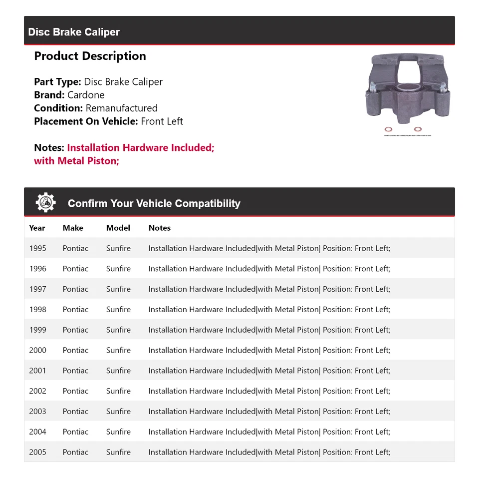 Pinza de freno de disco delantera izquierda cardone 1996 1997 Pontiac Sunfire 1995-2005 Foto 2 de 4