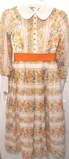 Vintage 70's Handmade Orange  White Floral Long Prairie Maxi Lined Dress