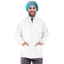 Disposable Lab Jackets White SMS 50 gsm Snaps Front 100 Count Medium 30 in