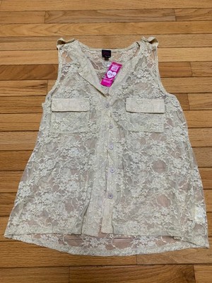 Bebe Women s Lace Blouse Sleeveless Beige Buttons Pockets Layering New S
