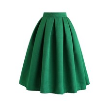 Pleated Green High Waist A Line Flared Midi Skirt, XXL, 5L-200B003