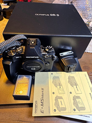 Olympus OM-D E-M5 Mark II Black Mirrorless Body w/ Flash, Battery, Box & Manuals