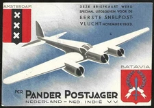NETHERLANDS 1933 "PANDER POSTJAGER" Airmail PPC Gravenhage to Dutch East Indies