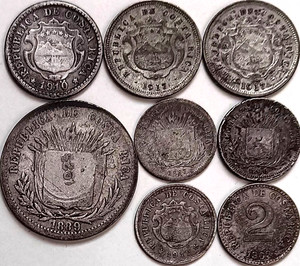 Costa Rica Silver Coin Lot: 2, 5, 10 Cent & 1923 50 Centimos On 1889 25 Centavos