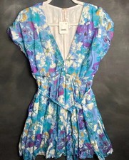 Free People XS Blue Floral Mini Dress NWT V-Neck Tie Waist Boho Summer Indie