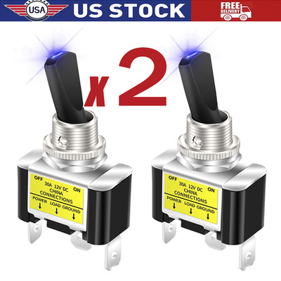2PCS Blue LED Light 3Pin Rocker Toggle ON/Off Switch 30A 12V for Car Boat Marine