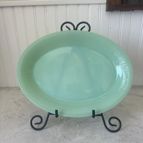 Fire King Jadeite Oval Platter #3 Jane Ray Ribbed 9x12” Green Glass EUC Vintage