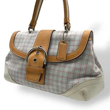 Coach Shoulder Bag Beige Check Pattern Leather Trim Handbag Tote Purse FS