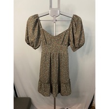 Altar'd State Floral Print Mini Dress Tie Back Puff Sleeve Cottagecore Olive XS