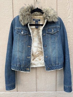 ABERCROMBIE & FITCH FUR COLLAR LINED DENIM JACKET  BLUE XS 00s vintage Y2K 