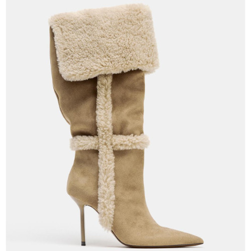 ZARA BNWT 2026. LIGHT BEIGE COMBINATION HEEL BOOTS SHEEPSKIN. 2015/610/111 image 2