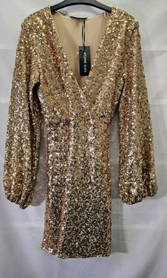 Myleene Klass gold sequin V-neck mini dress with long sleeves. Size 8. wedding 