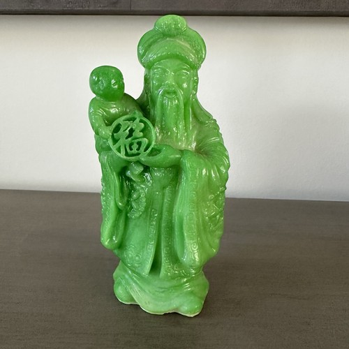 Shouxing Chinese God Of Longevity 6.5” Statue Jade Green Resin Asian Shou Lao - Picture 1 of 6