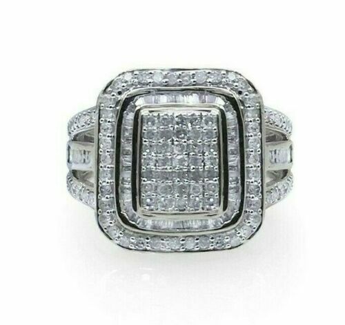 Mothers Day 1.21 Ct Baguette Round Natural Diamond Halo Engagement Ring Silver - Picture 1 of 7