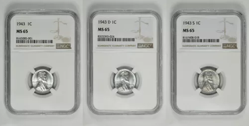 1943 P D S 1c Lincoln Steel Wheat Cent NGC MS 65 Three Coin Lot