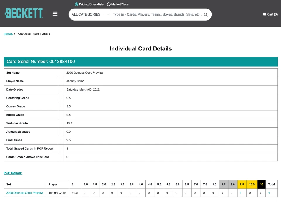 POP 1: Jeremy Chinn BGS 9.5: 2020 Donruss Optic Preview Rookie Gisto #P-289 - Image 3 of 3