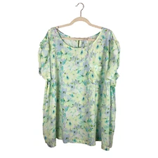 Lauren Conrad Top Sz 4X Short Sleeve Yellow Blue Floral Ruffle Sleeve Semi Sheer