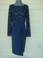 Ladies Chaps Evening Navy Blue with Sequins Long Sleeve Knit Dress Size 10 NWT