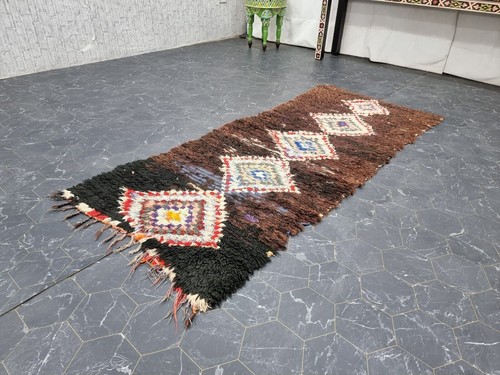 Moroccan Handmade Vintage Rug 2'6"x6' Berber Geometric Brown Cotton Tribal Rug - Picture 4 of 12