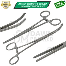 2pc Set 8" Straight & Curved Hemostat Forceps Locking Clamps Set German Grade