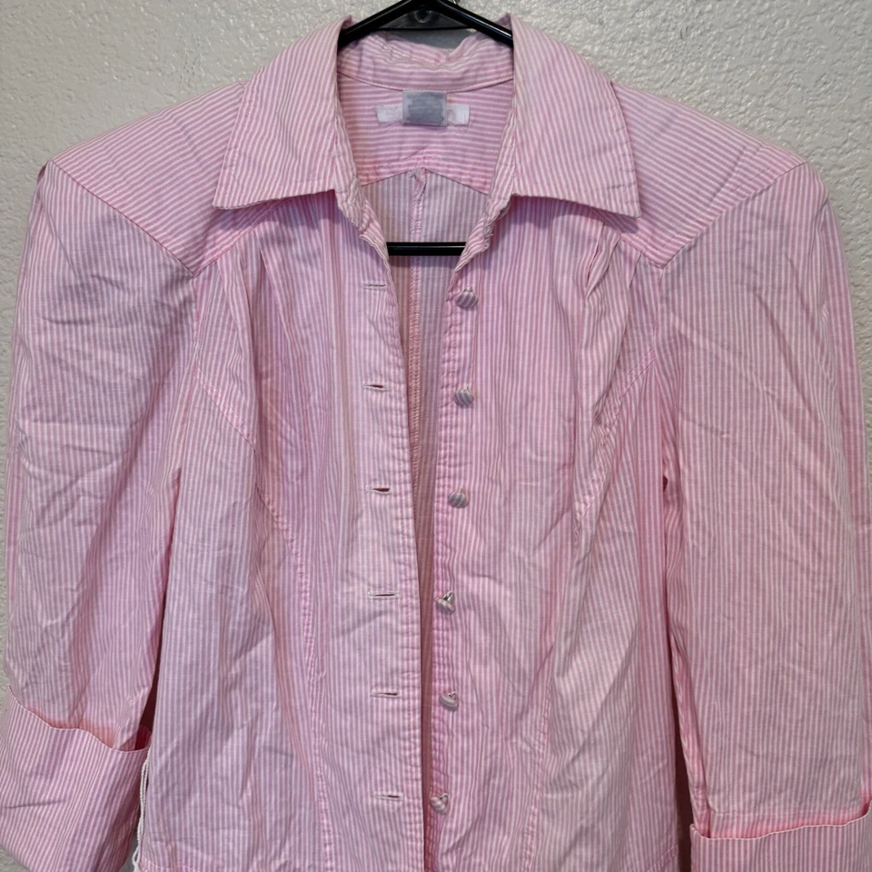 Vestido camisero de mujer alto bajo manga larga con botones en popelina a rayas rosa/blanco Foto 2 de 4