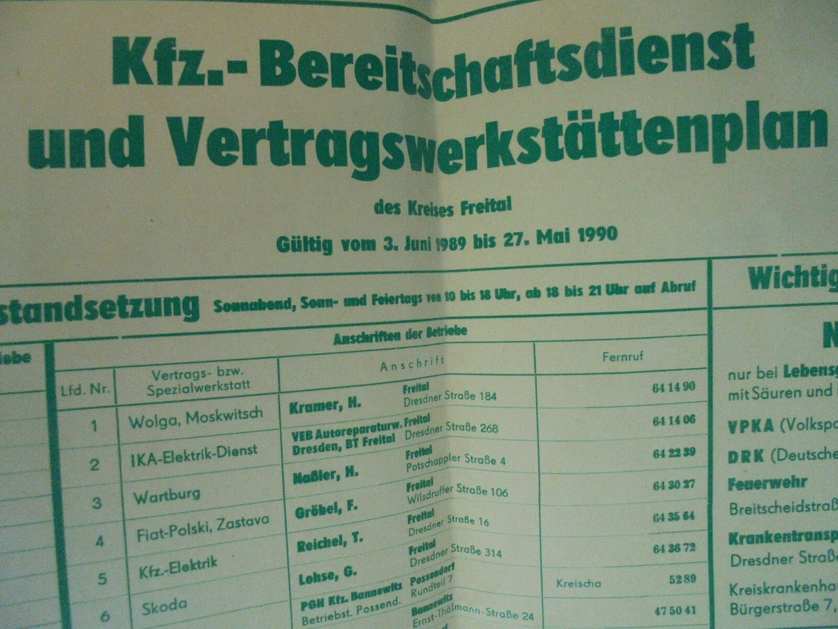 33201 DDR Plakat Kr. Freital KFZ Bereitschaftdienst Vertragswerkstättenplan 1989