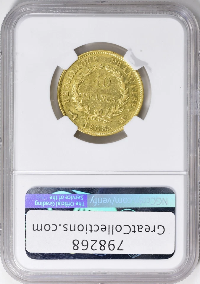 Francia 1808-M Oro 40 Francos NGC AU Detalles Foto 2 de 4