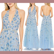 NWT $598 Mac Duggal [ 8 ] Floral Embellished Halter Strap A Line Gown Blue G1809