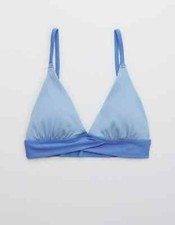 Aerie Women's Ribbed Mix Crossover Triangle Bikini Top Fresh Water Blue Size M