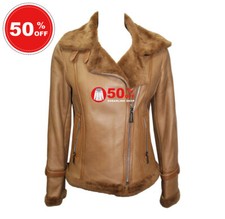 Ladies B3 Sheepskin Jacket Wood Brown Cross Zip Shearling Fur Biker Jacket P-23