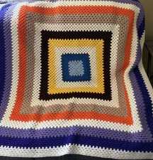 VTG Afghan Crochet Knit Granny Concentric Square Retro Lap Blanket Throw 48 X 53