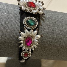 Black Floral Embellished Headband Faux Pearl Beaded Multicolor Rhinestone