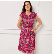 Talbots Flutter Sleeve Fit & Flare Dress Size 2 Pink Floral Spring wedding Guest