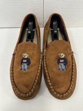Polo Ralph Lauren Mens Size 9 Bear Embroidered Moccasin Slippers Memory Foam Tan