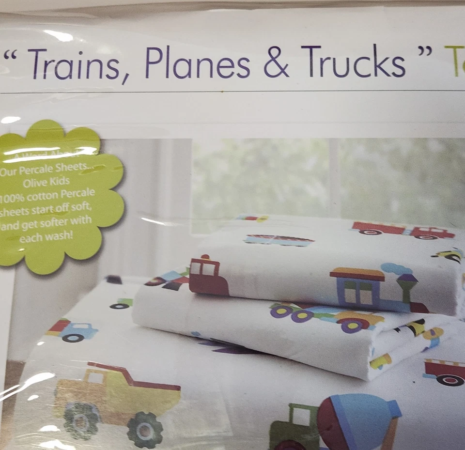 Juego de sábanas Olive para niños pequeños trenes aviones camiones tractores autobuses 3 piezas algodón Foto 3 de 4