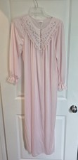 Katz Pink Nylon Knit Nightgown Gown M Long Sleeve Button Round Neck Lace